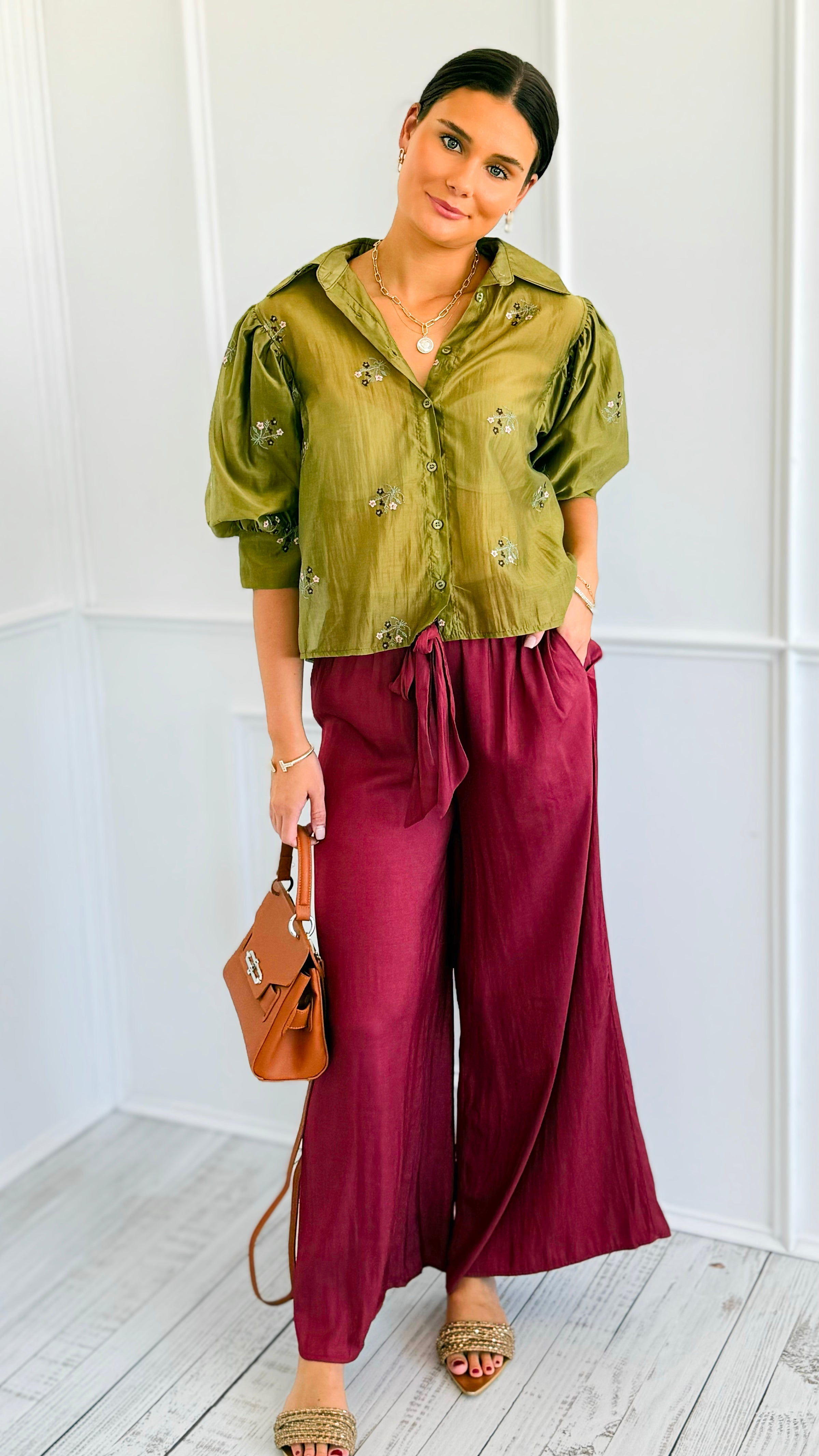 Evening Glow Flow Pant - Maroon-170 Bottoms-DOE AND RAE-Coastal Bloom Boutique, find the trendiest versions of the popular styles and looks Located in Indialantic, FL