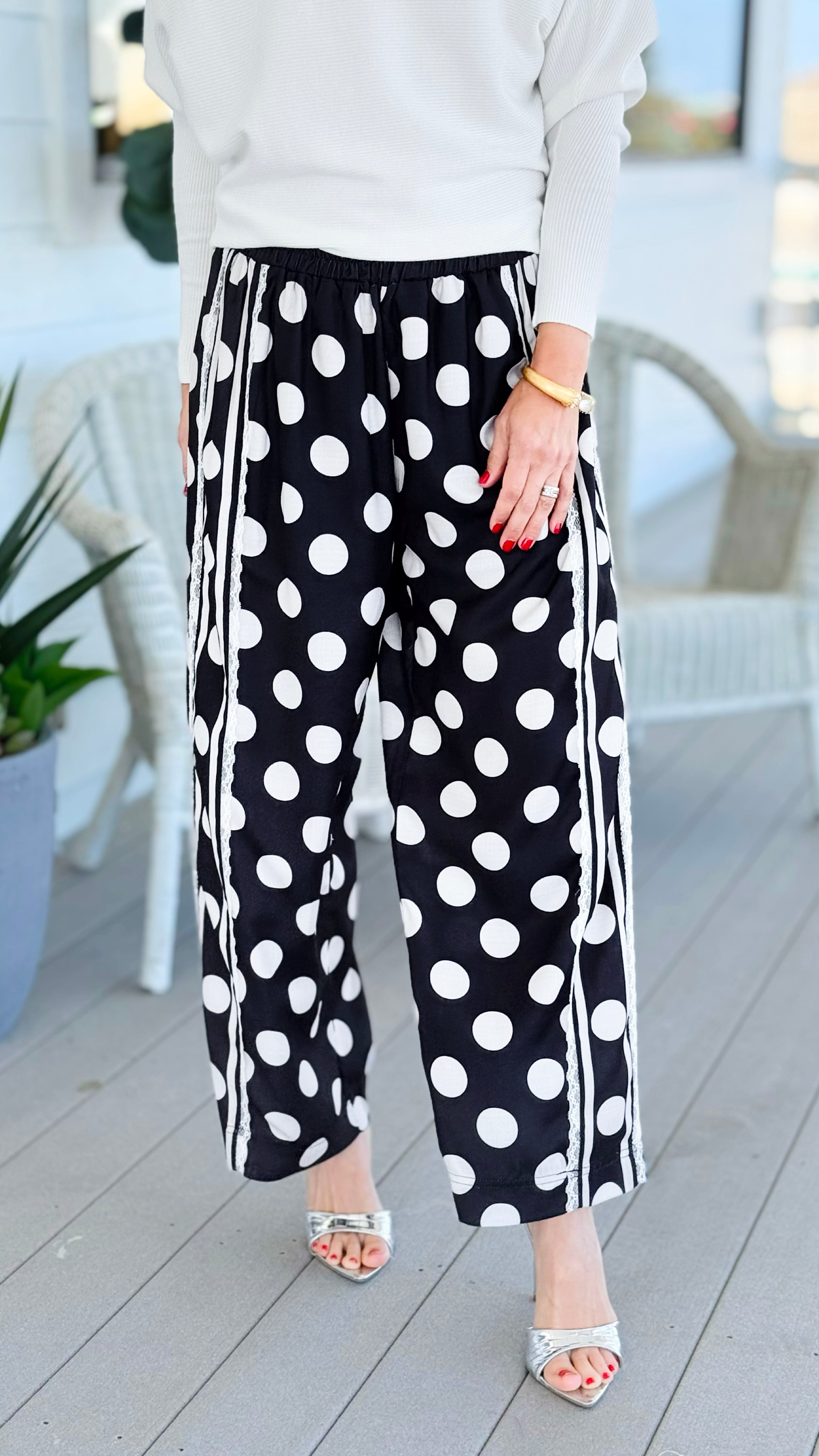 Playful Dot Lace Trim Wide Leg Pants - Black