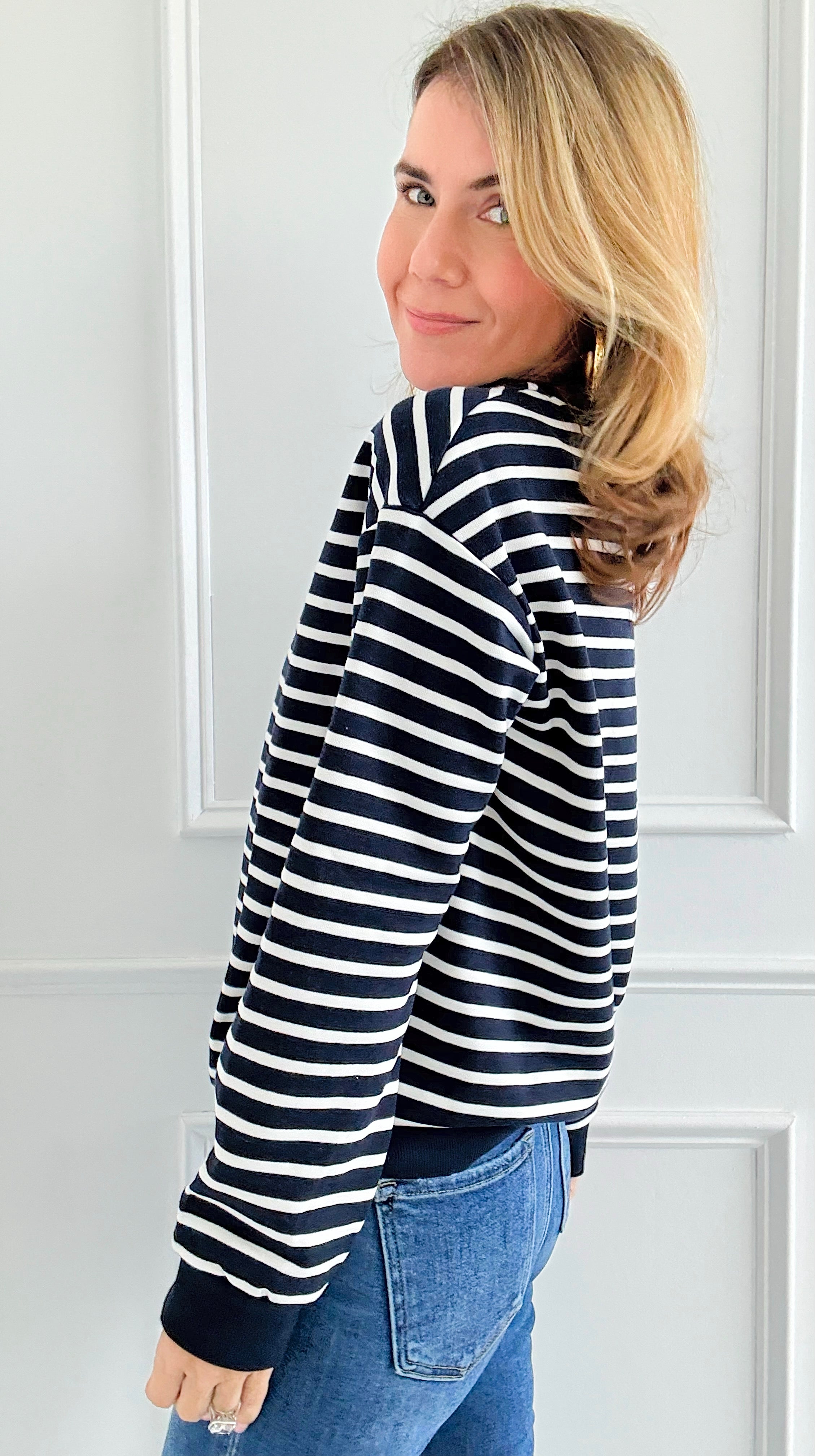 Nautical Stripe Sweatshirt-110 Long Sleeve Tops-English Factory-Coastal Bloom Boutique, find the trendiest versions of the popular styles and looks Located in Indialantic, FL