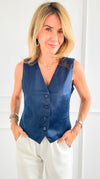 Sophisticated Satin Buttoned Vest - Navy-100 Sleeveless Tops-Must Have-Coastal Bloom Boutique, find the trendiest versions of the popular styles and looks Located in Indialantic, FL