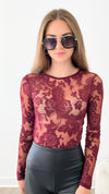 Glam Girl Floral Lace Mesh Bodysuit - Burgundy-130 Long Sleeve Tops-CES FEMME-Coastal Bloom Boutique, find the trendiest versions of the popular styles and looks Located in Indialantic, FL