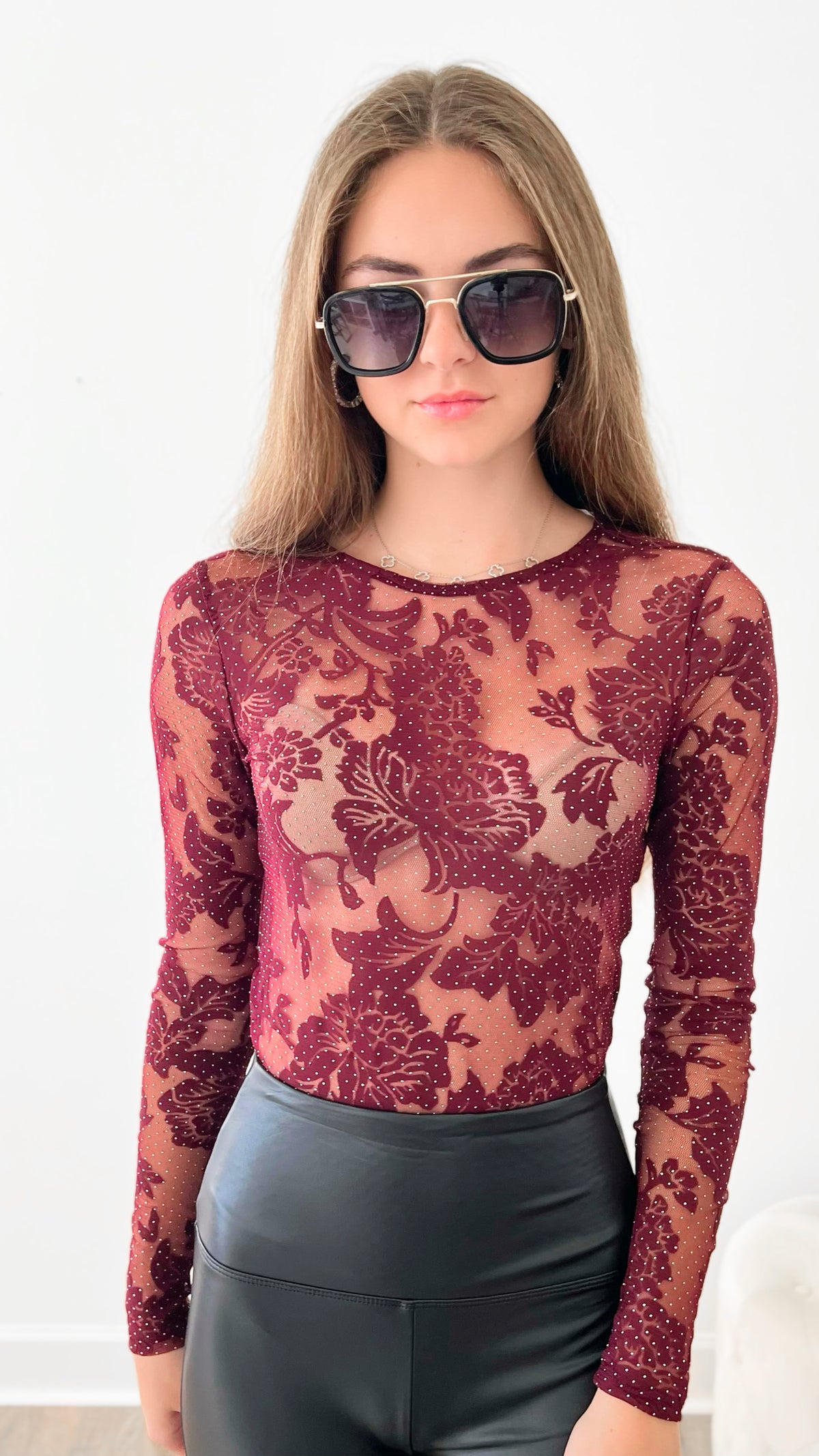 Glam Girl Floral Lace Mesh Bodysuit - Burgundy-130 Long Sleeve Tops-CES FEMME-Coastal Bloom Boutique, find the trendiest versions of the popular styles and looks Located in Indialantic, FL