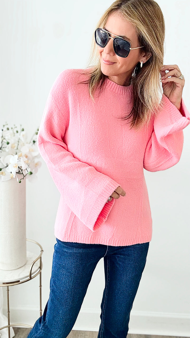 Soft Angora Bell Sleeve Sweater - Pink-140 Sweaters-GIGIO-Coastal Bloom Boutique, find the trendiest versions of the popular styles and looks Located in Indialantic, FL