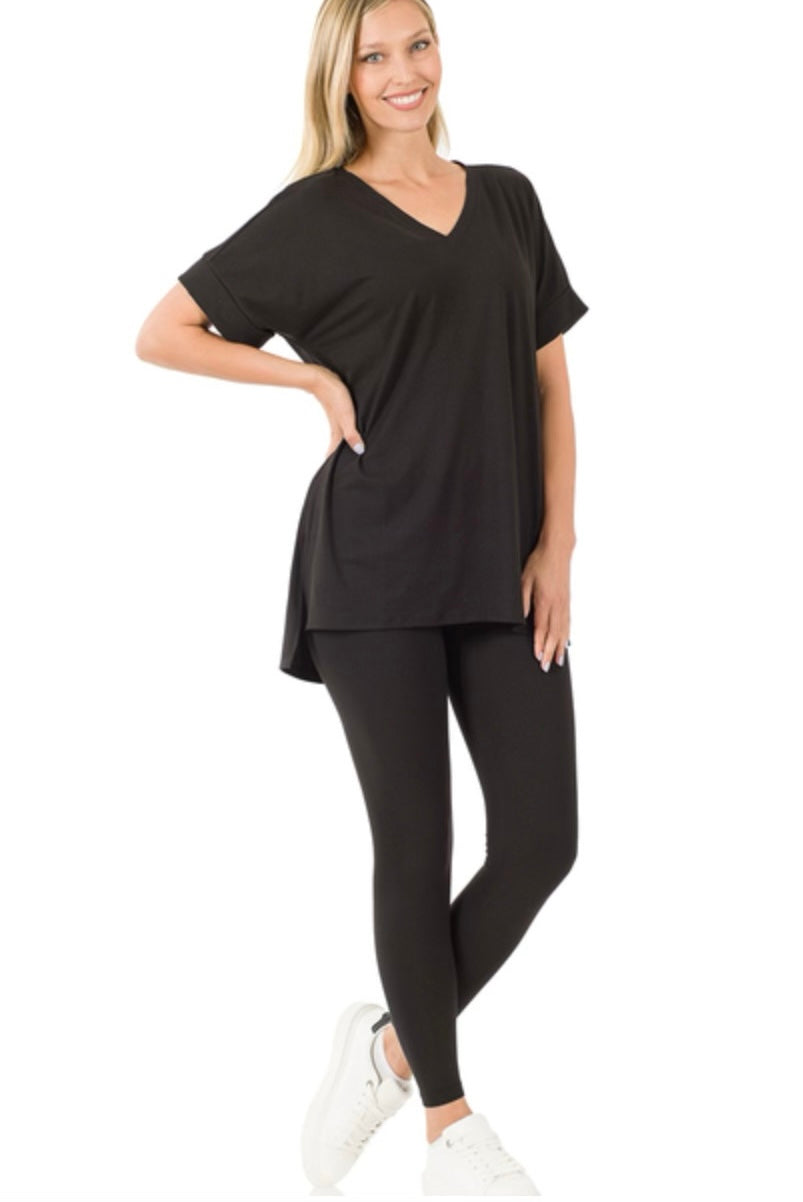 Short Sleeve Brushed Microfiber Lounge Set- Black-210 Loungewear/Sets-Zenana-Coastal Bloom Boutique, find the trendiest versions of the popular styles and looks Located in Indialantic, FL