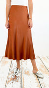 Brooklyn Italian Satin Midi Skirt - Tobacco-170 Bottoms-Italianissimo-Coastal Bloom Boutique, find the trendiest versions of the popular styles and looks Located in Indialantic, FL