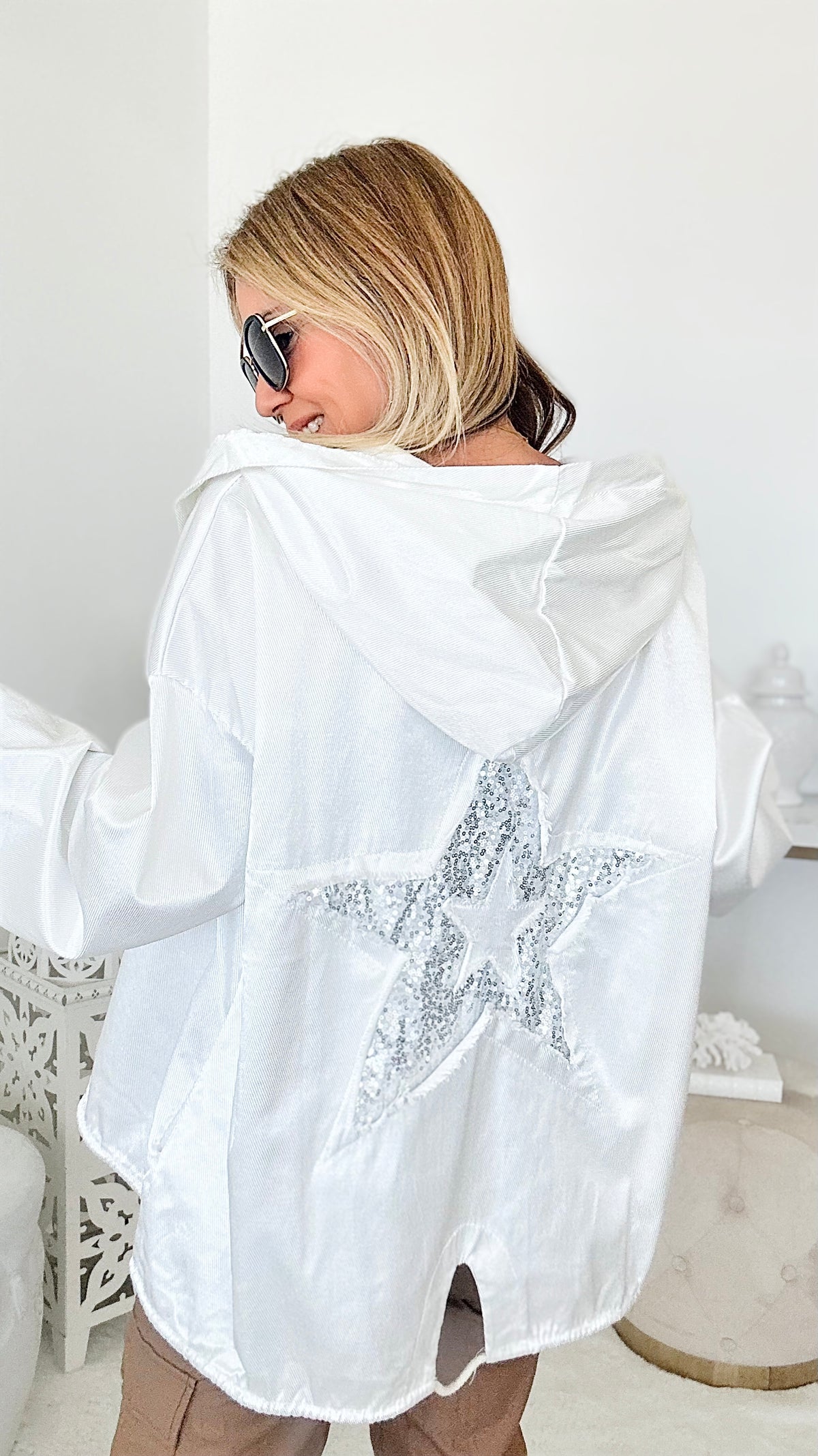 Shine Like A Star Italian Hoodie Cardigan - White-160 Jackets-Venti6-Coastal Bloom Boutique, find the trendiest versions of the popular styles and looks Located in Indialantic, FL