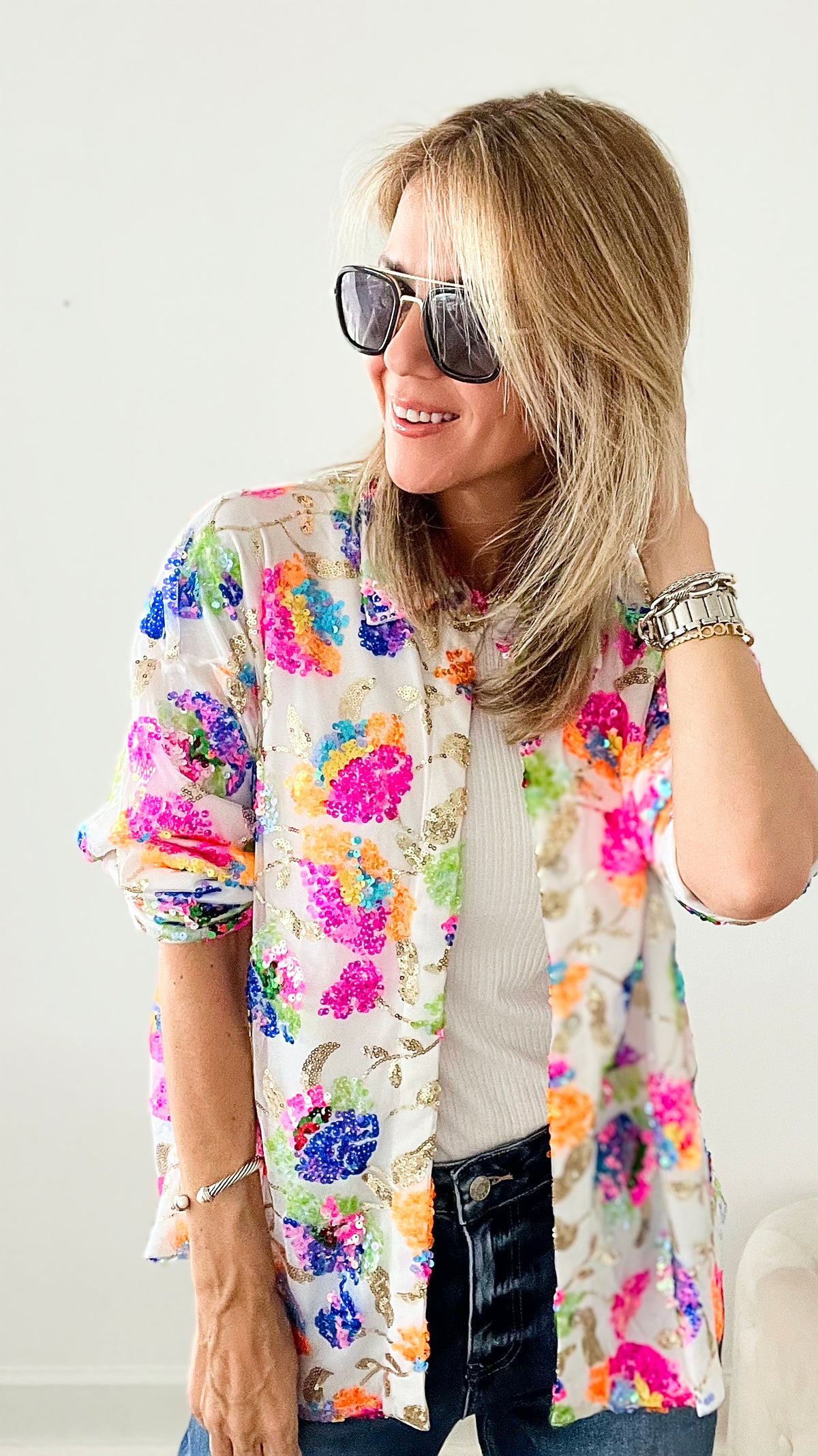 Sunny Splash Sequin Floral Button Up Blouse - White-130 Long Sleeve Tops-MAIN STRIP-Coastal Bloom Boutique, find the trendiest versions of the popular styles and looks Located in Indialantic, FL