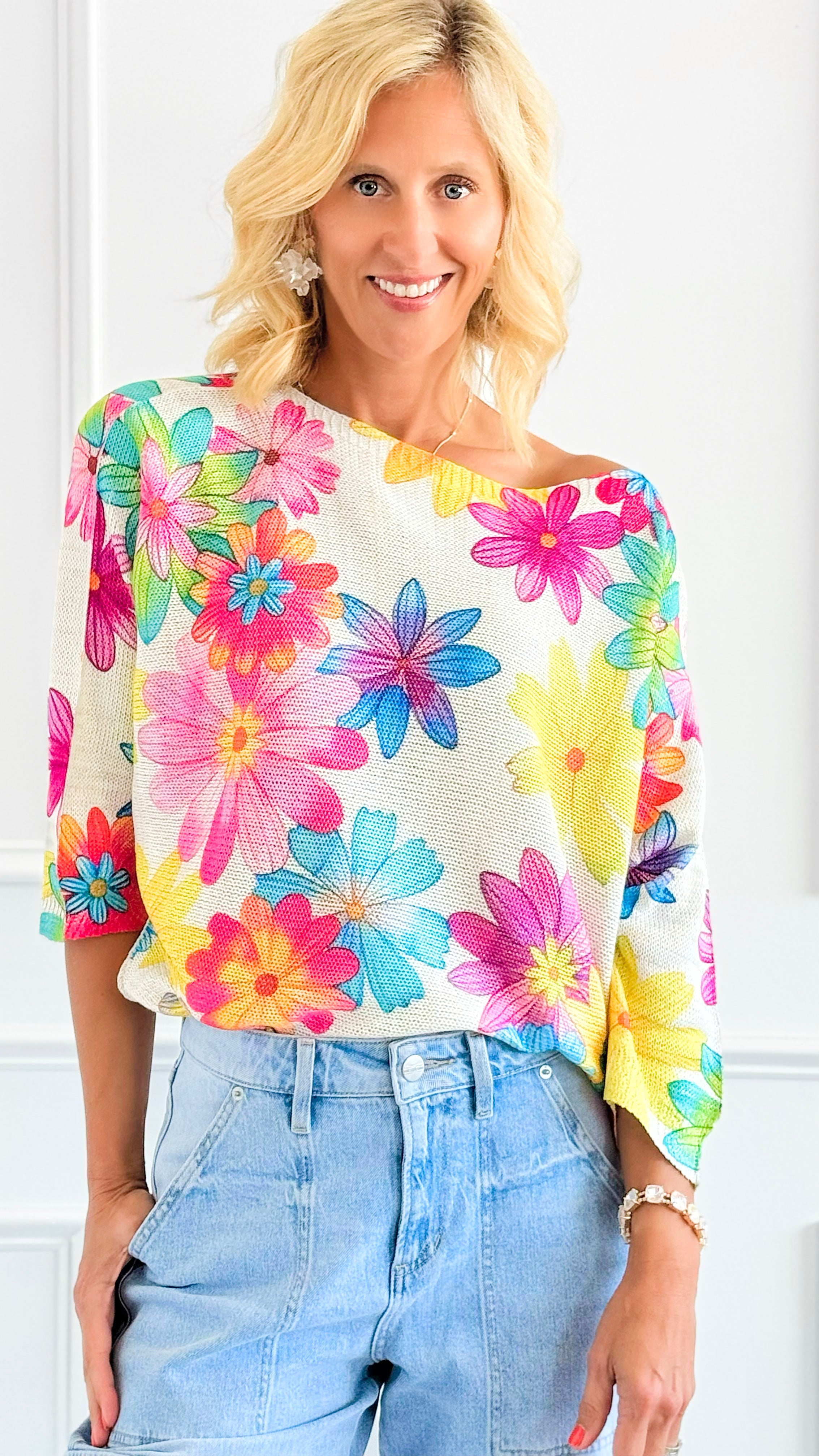 Bold Blossom St Tropez Italian Knit Sweater-140 Sweaters-FAITH/ SORPRESA-Coastal Bloom Boutique, find the trendiest versions of the popular styles and looks Located in Indialantic, FL