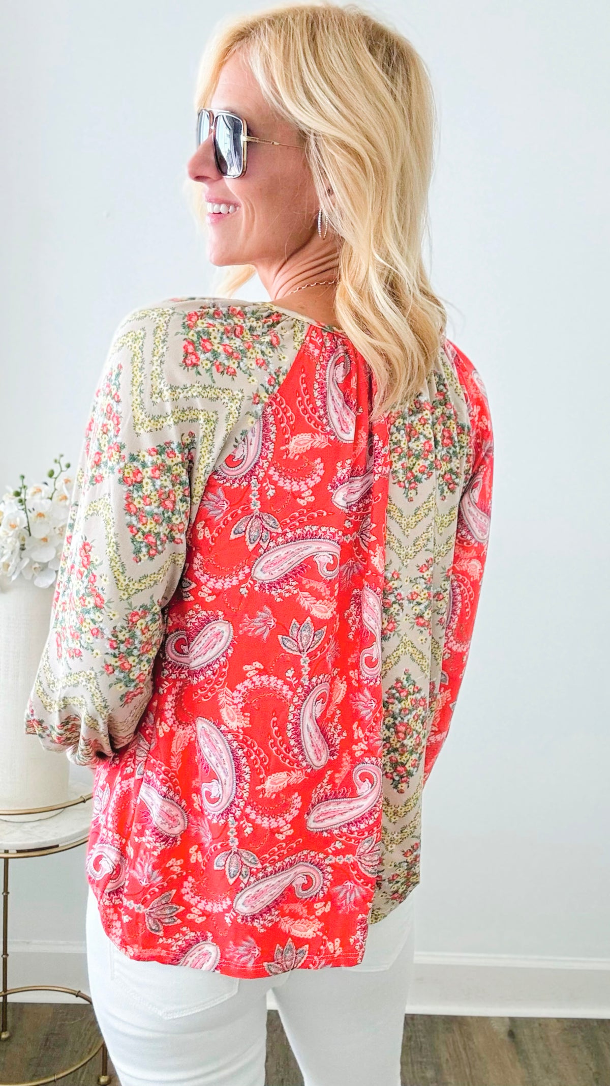 Paisley & Floral Chevron Bubble Sleeve Top-130 Long Sleeve Tops-Rousseau-Coastal Bloom Boutique, find the trendiest versions of the popular styles and looks Located in Indialantic, FL