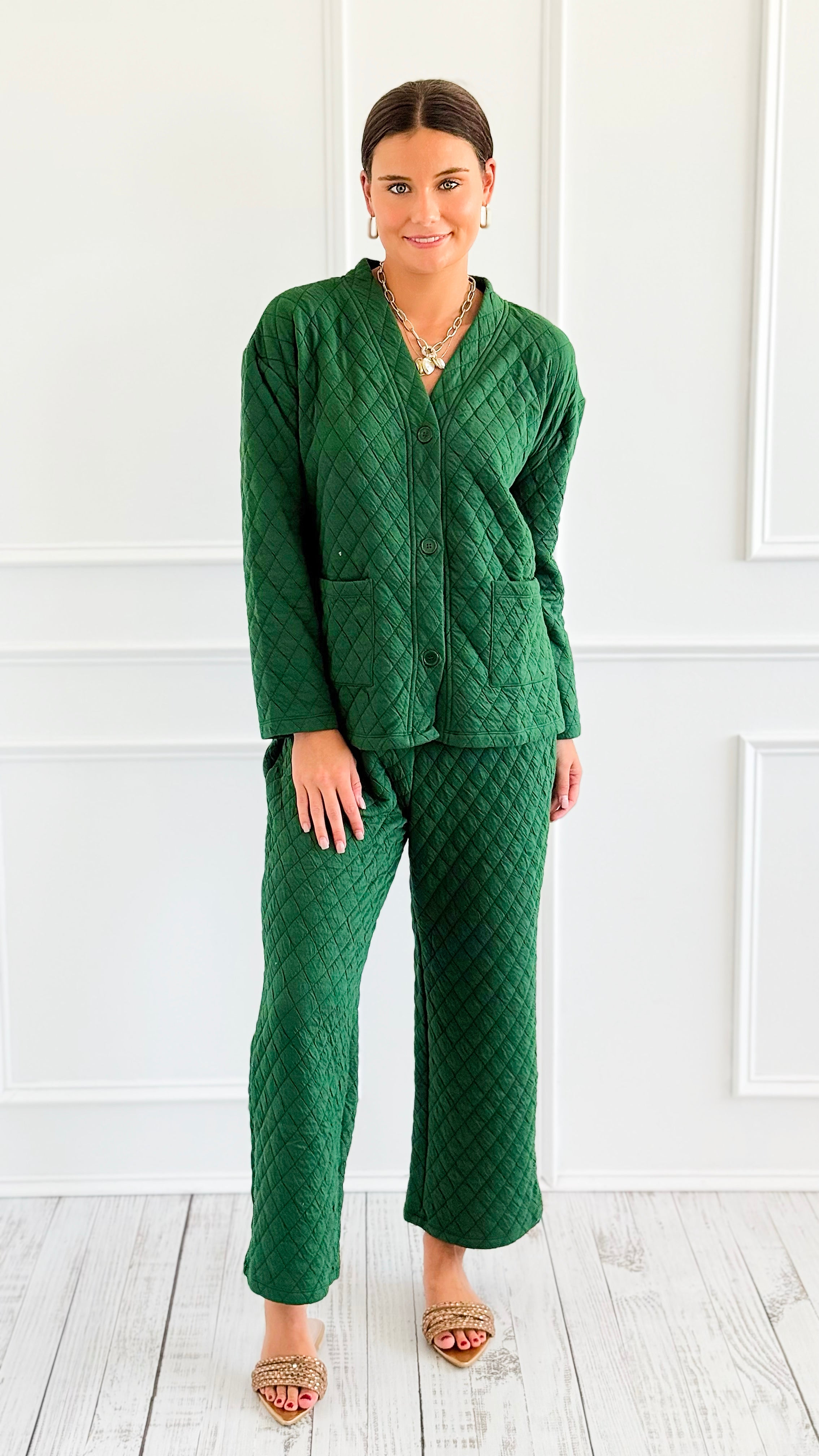 Quilted Jacket and Pants Set - Dark Green-210 Loungewear/Sets-Zenana-Coastal Bloom Boutique, find the trendiest versions of the popular styles and looks Located in Indialantic, FL
