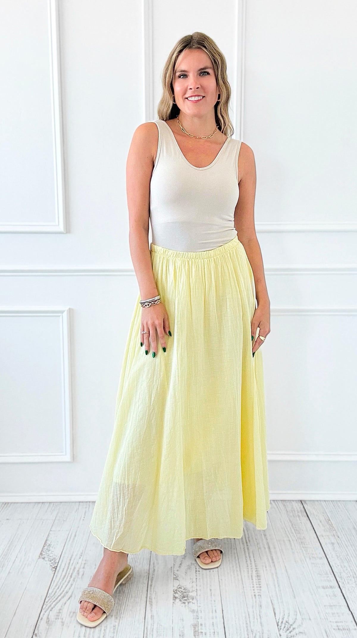 Serenity Italian Skirt- Yellow-170 bottoms-Italianissimo-Coastal Bloom Boutique, find the trendiest versions of the popular styles and looks Located in Indialantic, FL