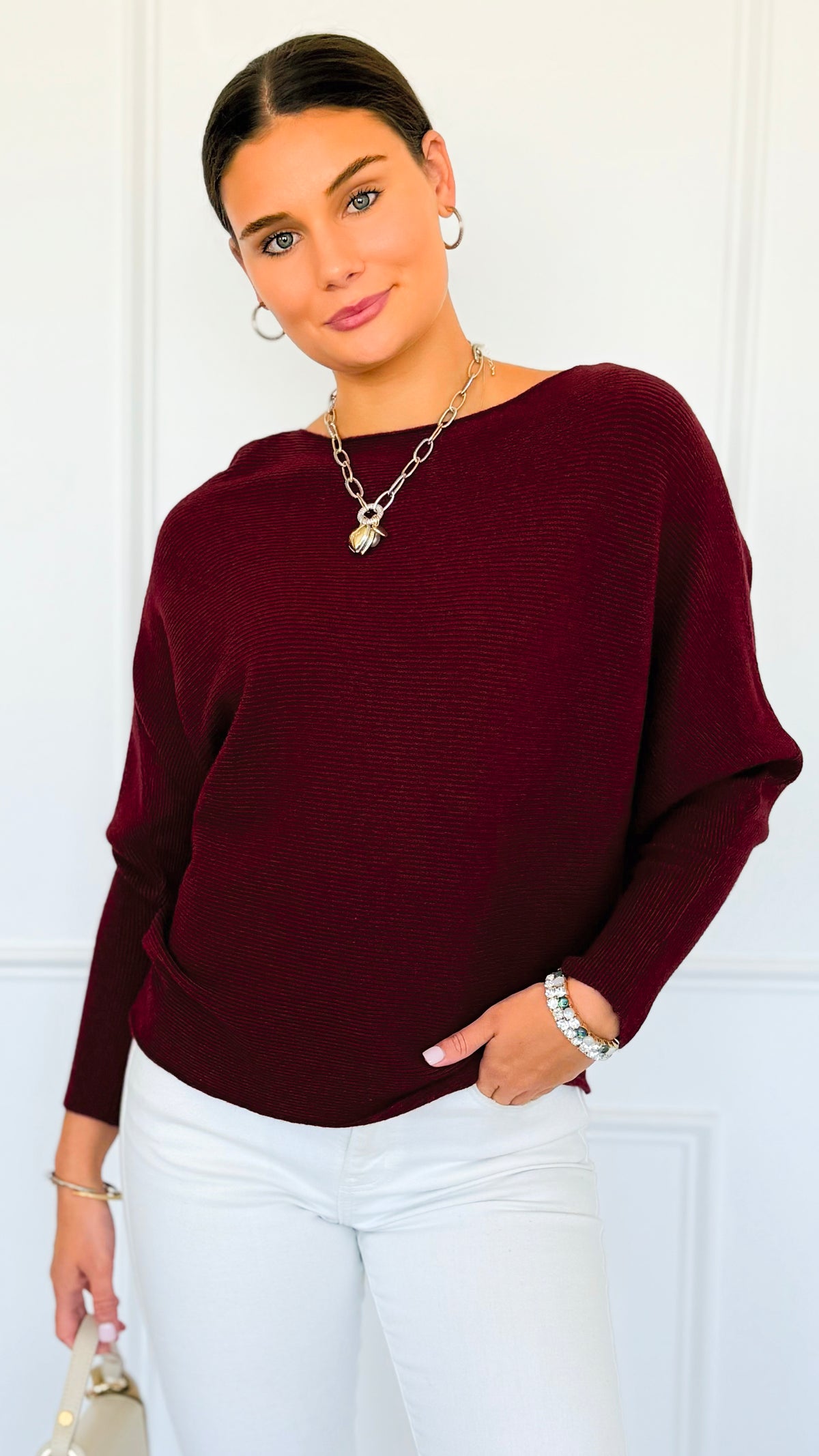Ribbed Italian Pullover- Burgundy-140 Sweaters-Italianissimo-Coastal Bloom Boutique, find the trendiest versions of the popular styles and looks Located in Indialantic, FL