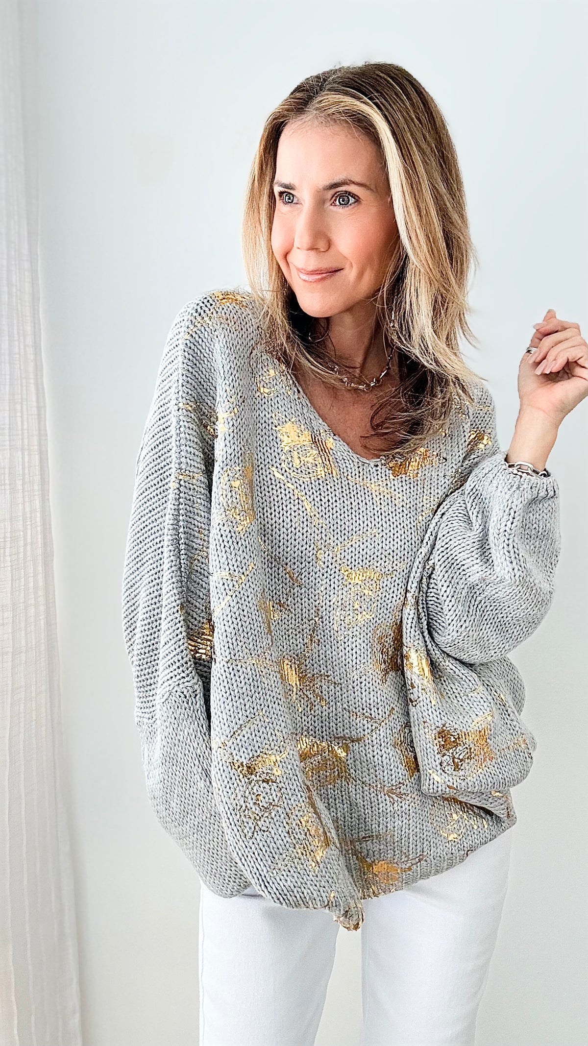 Gold Foil Italian Rose Knit Sweater - Grey-140 Sweaters-Germany-Coastal Bloom Boutique, find the trendiest versions of the popular styles and looks Located in Indialantic, FL