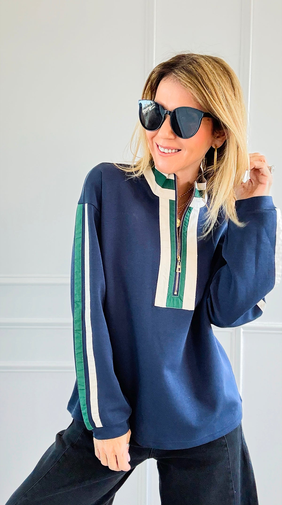 Varsity Vibe Half Zip Sweatshirt - Navy-110 Long Sleeve Tops-JODIFL-Coastal Bloom Boutique, find the trendiest versions of the popular styles and looks Located in Indialantic, FL