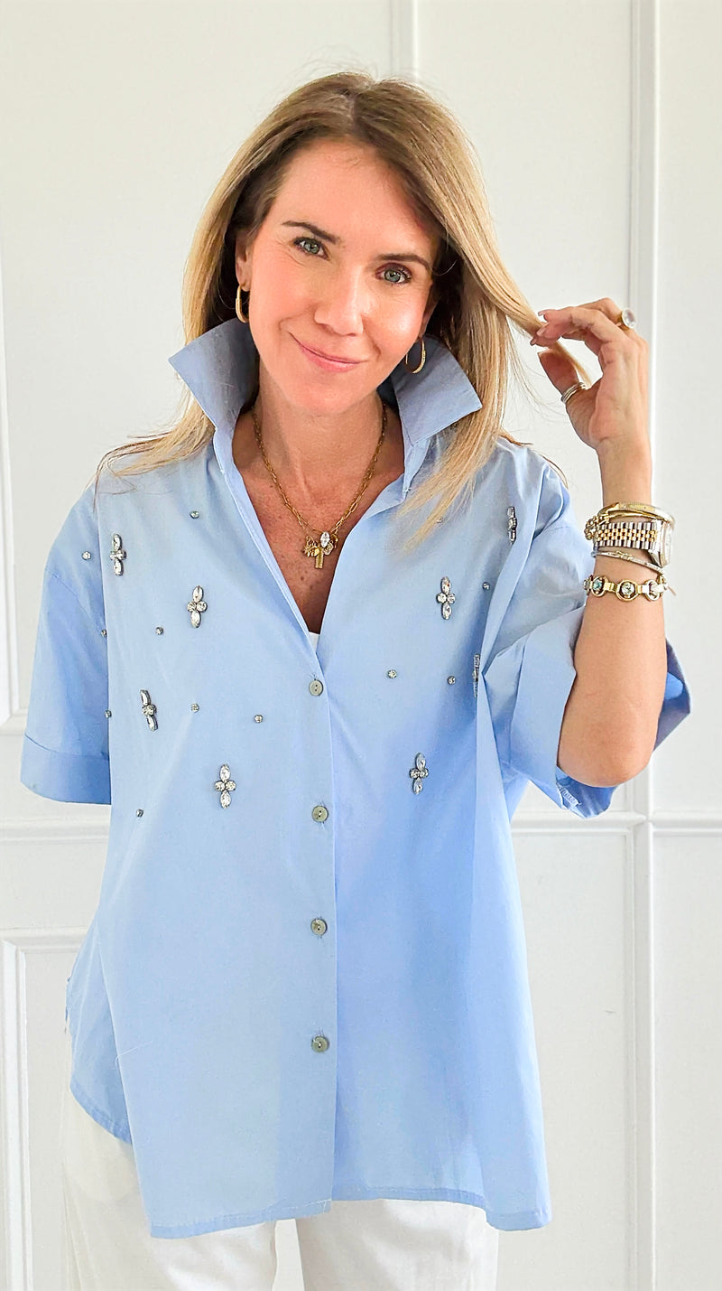Starlight Scatter Italian Button Top- Sky Blue-170 bottoms-TATTOO Z-Coastal Bloom Boutique, find the trendiest versions of the popular styles and looks Located in Indialantic, FL