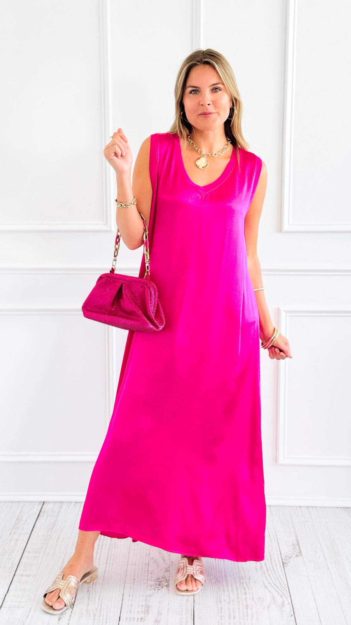 Satin V-Neck Italian Sleeveless Dress- Fuchsia-200 Dresses/Jumpsuits/Rompers-SEPTIMO-Coastal Bloom Boutique, find the trendiest versions of the popular styles and looks Located in Indialantic, FL