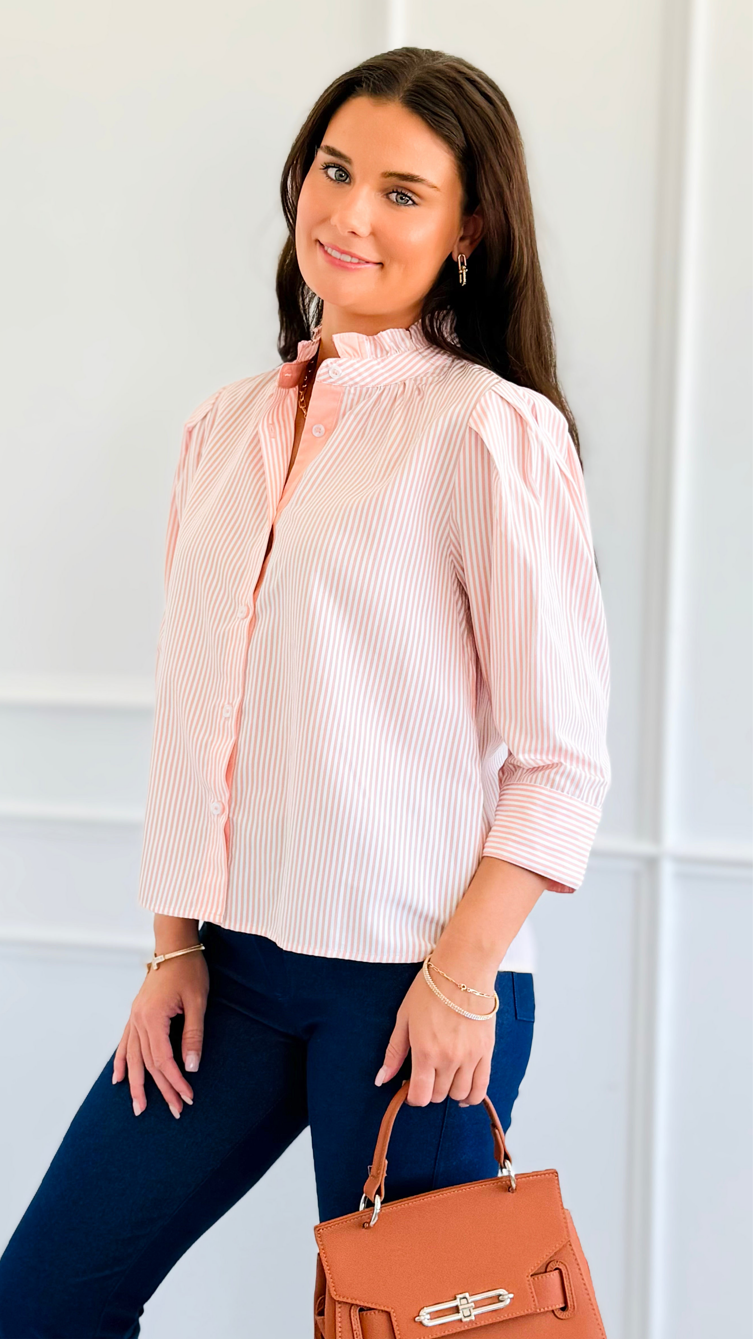 Graceful Stripes Button-Up Blouse - Blush-130 Long sleeve top-Jodifl-Coastal Bloom Boutique, find the trendiest versions of the popular styles and looks Located in Indialantic, FL