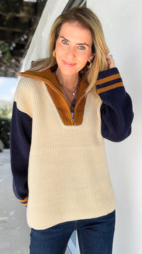 Colorblock Charm Zip Sweater-140 Sweaters-English Factory-Coastal Bloom Boutique, find the trendiest versions of the popular styles and looks Located in Indialantic, FL