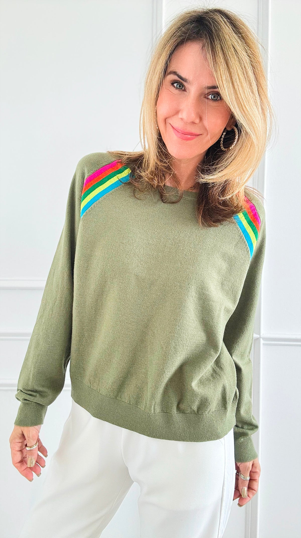 Rainbow Stripe Sweatshirt - Olive-130 Long Sleeve Tops-Gold & Silver Paris-Coastal Bloom Boutique, find the trendiest versions of the popular styles and looks Located in Indialantic, FL