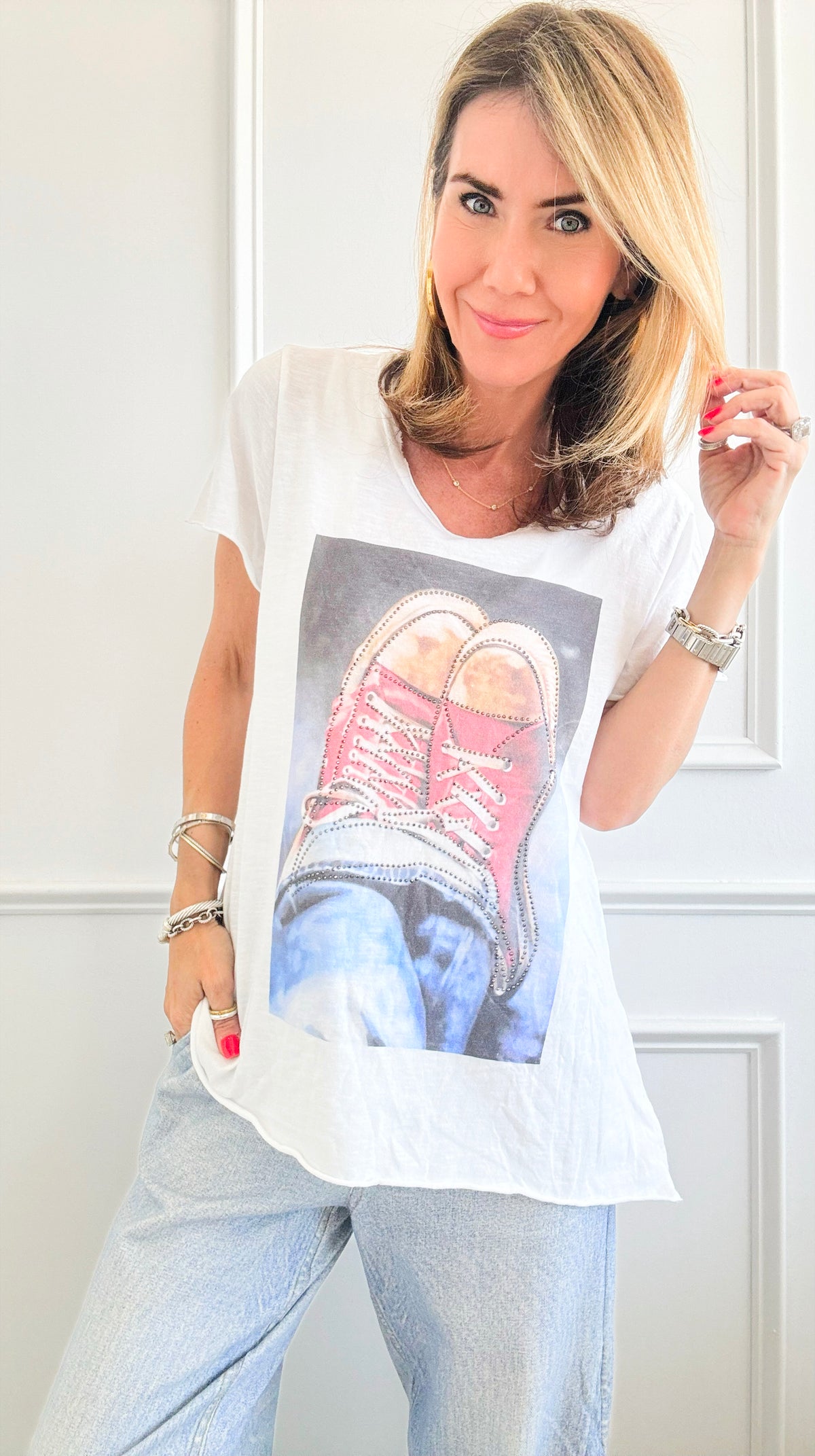 Shimmering Sneaks Italian Tee-110 Short Sleeve Tops-Italianissimo-Coastal Bloom Boutique, find the trendiest versions of the popular styles and looks Located in Indialantic, FL