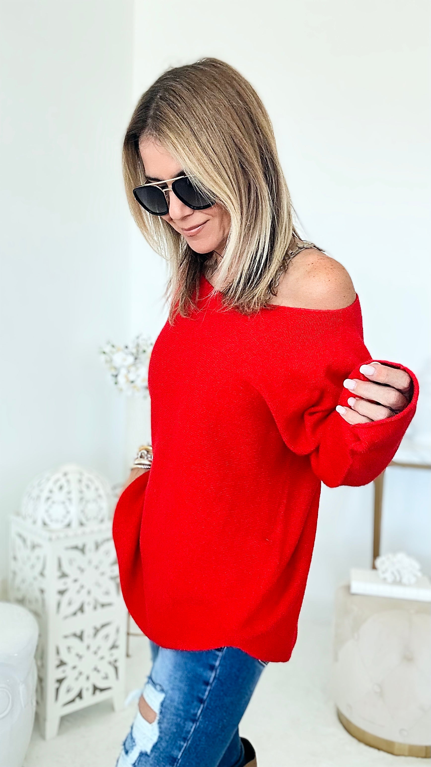 Soho Italian Boatneck Pullover - Red-140 Sweaters-Italianissimo-Coastal Bloom Boutique, find the trendiest versions of the popular styles and looks Located in Indialantic, FL