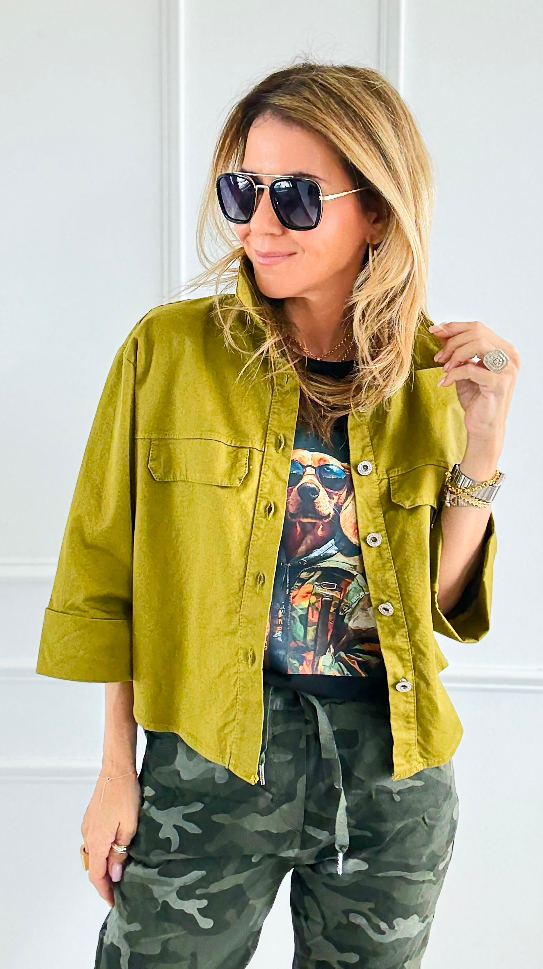 Everyday Cropped Italian Button- Down Top- Pistachio