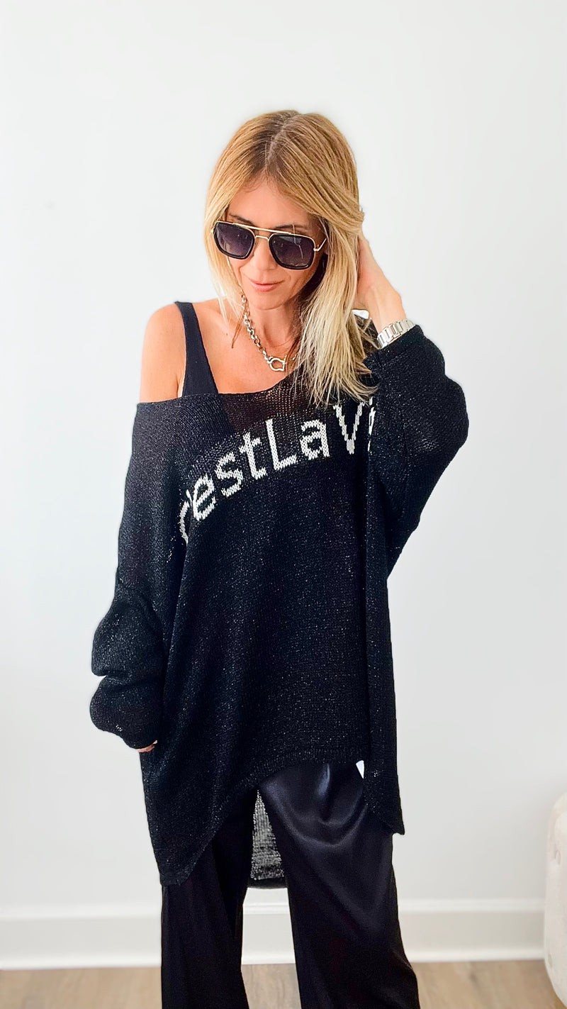 Italian C'est La Vie Knit Pullover - Black/White-140 Sweaters-Germany-Coastal Bloom Boutique, find the trendiest versions of the popular styles and looks Located in Indialantic, FL
