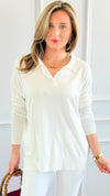 Polished Collar Knit Polo Top - Ivory-130 Long Sleeve Tops-ROUSSEAU-Coastal Bloom Boutique, find the trendiest versions of the popular styles and looks Located in Indialantic, FL