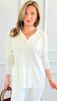 Polished Collar Knit Polo Top - Ivory-130 Long Sleeve Tops-ROUSSEAU-Coastal Bloom Boutique, find the trendiest versions of the popular styles and looks Located in Indialantic, FL