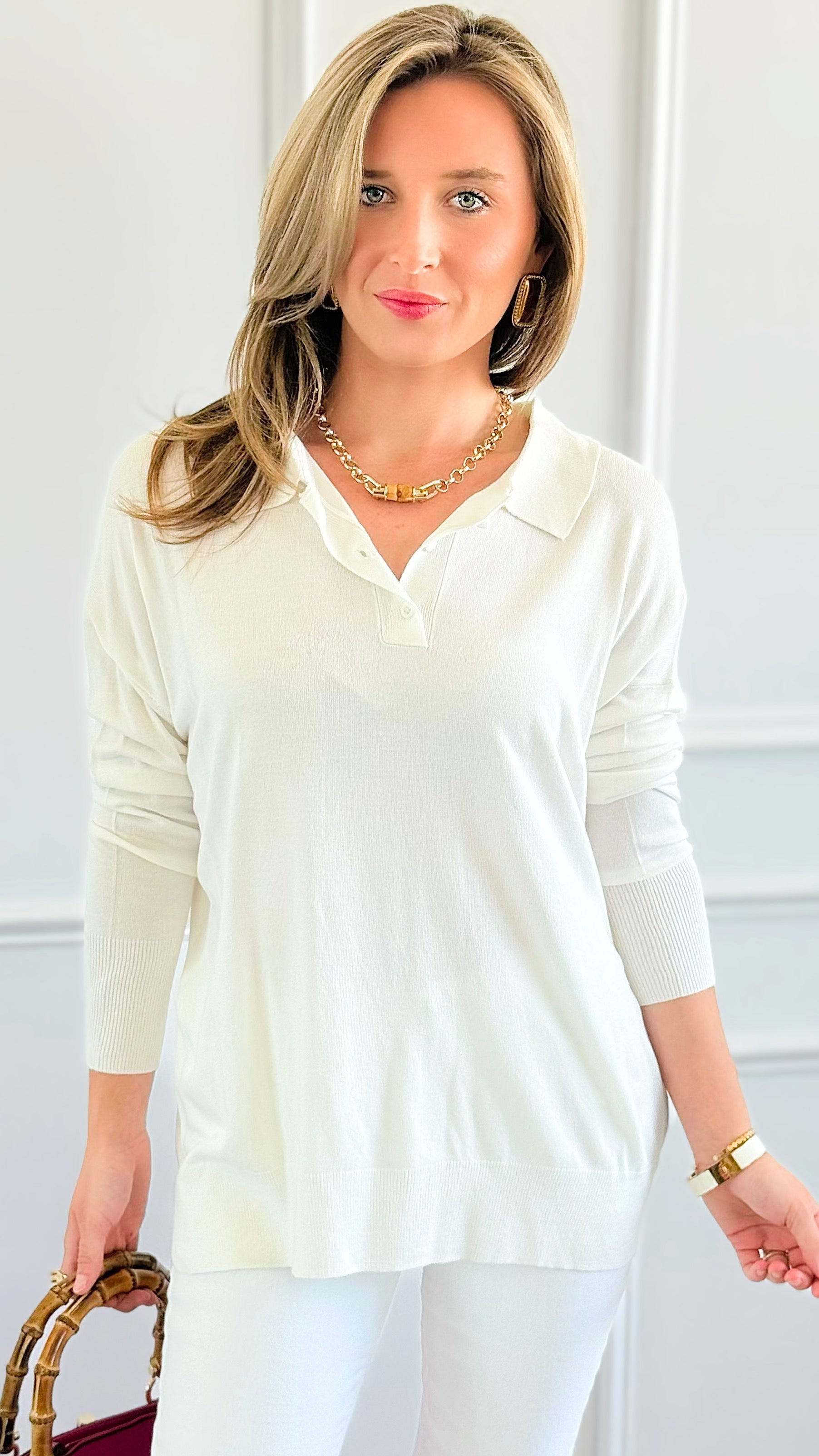 Polished Collar Knit Polo Top - Ivory-130 Long Sleeve Tops-ROUSSEAU-Coastal Bloom Boutique, find the trendiest versions of the popular styles and looks Located in Indialantic, FL