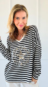 Parisian Stripe V-Neck Top-110 Long Sleeve Tops-VENTI6 OUTLET-Coastal Bloom Boutique, find the trendiest versions of the popular styles and looks Located in Indialantic, FL