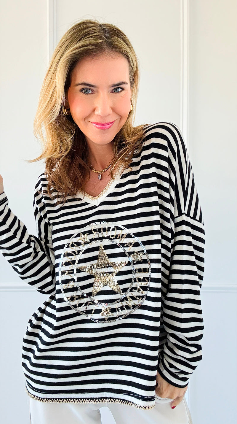 Parisian Stripe V-Neck Top-110 Long Sleeve Tops-VENTI6 OUTLET-Coastal Bloom Boutique, find the trendiest versions of the popular styles and looks Located in Indialantic, FL