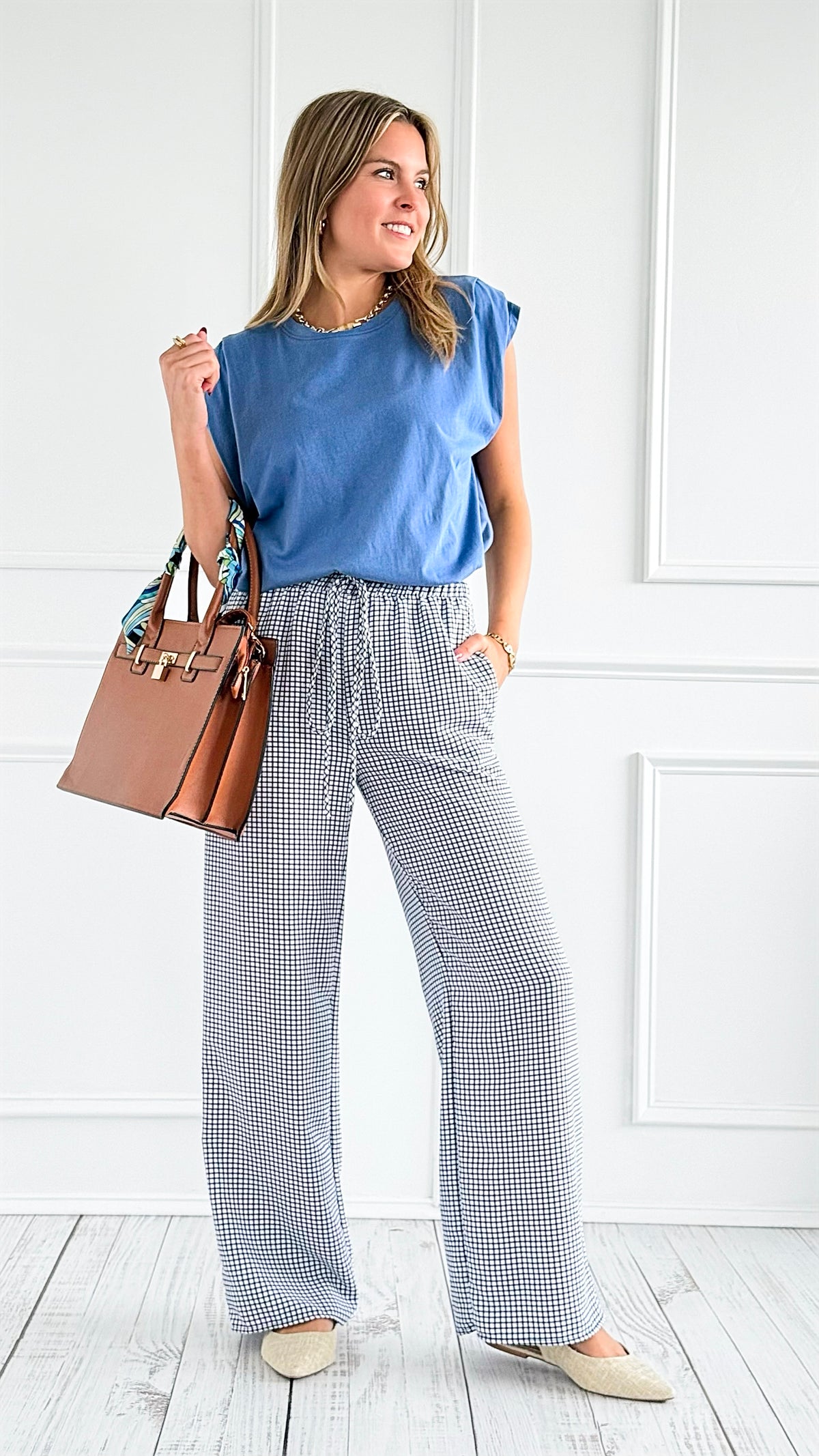 Gingham Drawstring Wide-Leg Pants - White/Navy-170 Bottoms-Jade By Jane-Coastal Bloom Boutique, find the trendiest versions of the popular styles and looks Located in Indialantic, FL