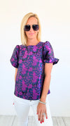 Nocturnal Garden Puff Sleeve Top-110 Short Sleeve Tops-SUGARLIPS-Coastal Bloom Boutique, find the trendiest versions of the popular styles and looks Located in Indialantic, FL