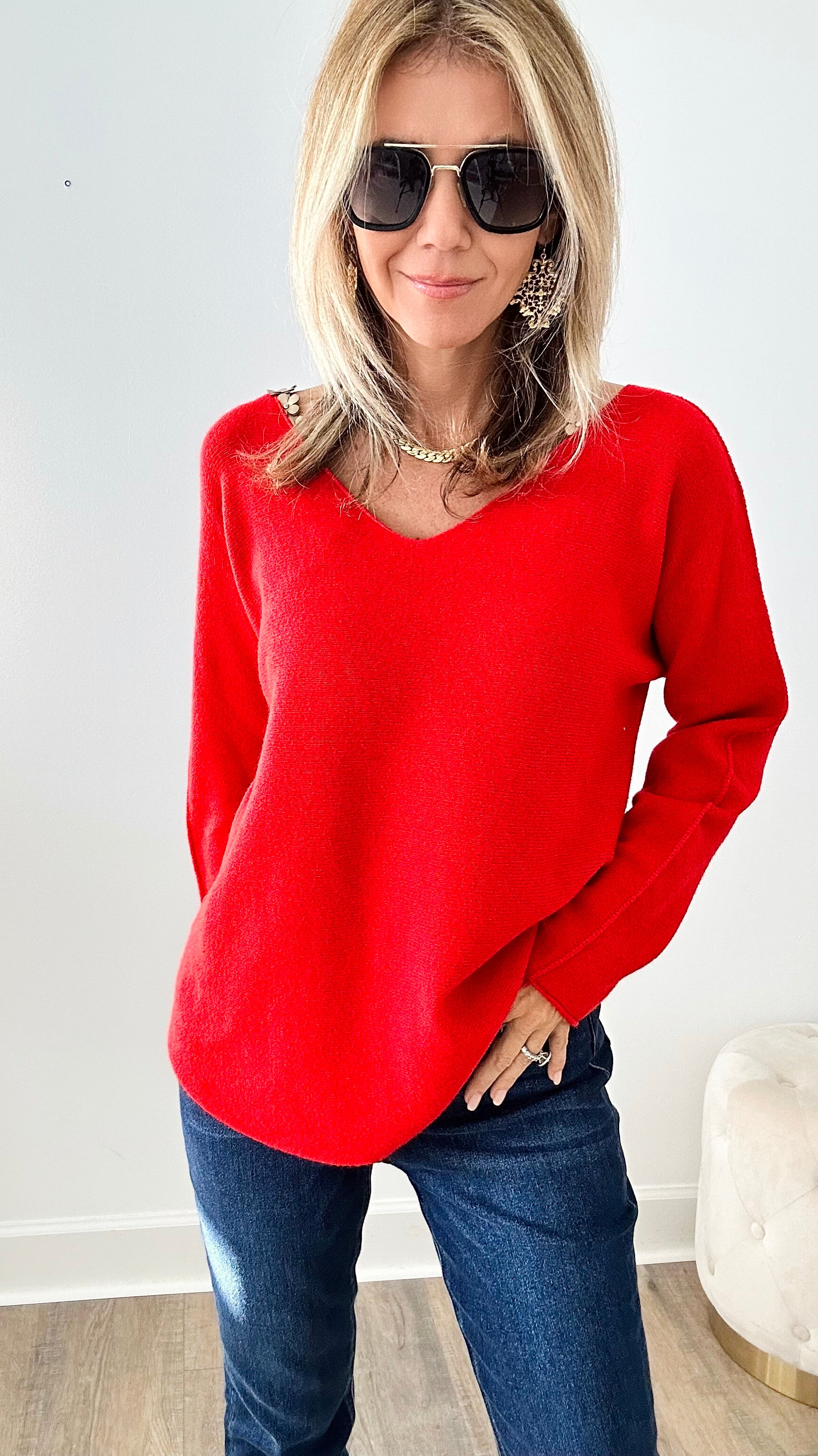 Soho Italian V-Neck Pullover - Red-140 Sweaters-Italianissimo-Coastal Bloom Boutique, find the trendiest versions of the popular styles and looks Located in Indialantic, FL