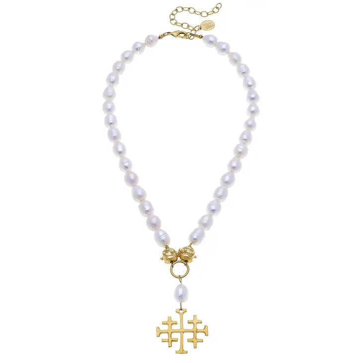 Gold Multi Cross Pearl Necklace - Susan Shaw-230 Jewelry-SUSAN SHAW-Coastal Bloom Boutique, find the trendiest versions of the popular styles and looks Located in Indialantic, FL