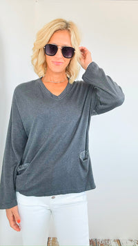 Sequin Back Detail Pocketed Italian Sweatshirt-130 Long Sleeve Tops-Tempo-Coastal Bloom Boutique, find the trendiest versions of the popular styles and looks Located in Indialantic, FL