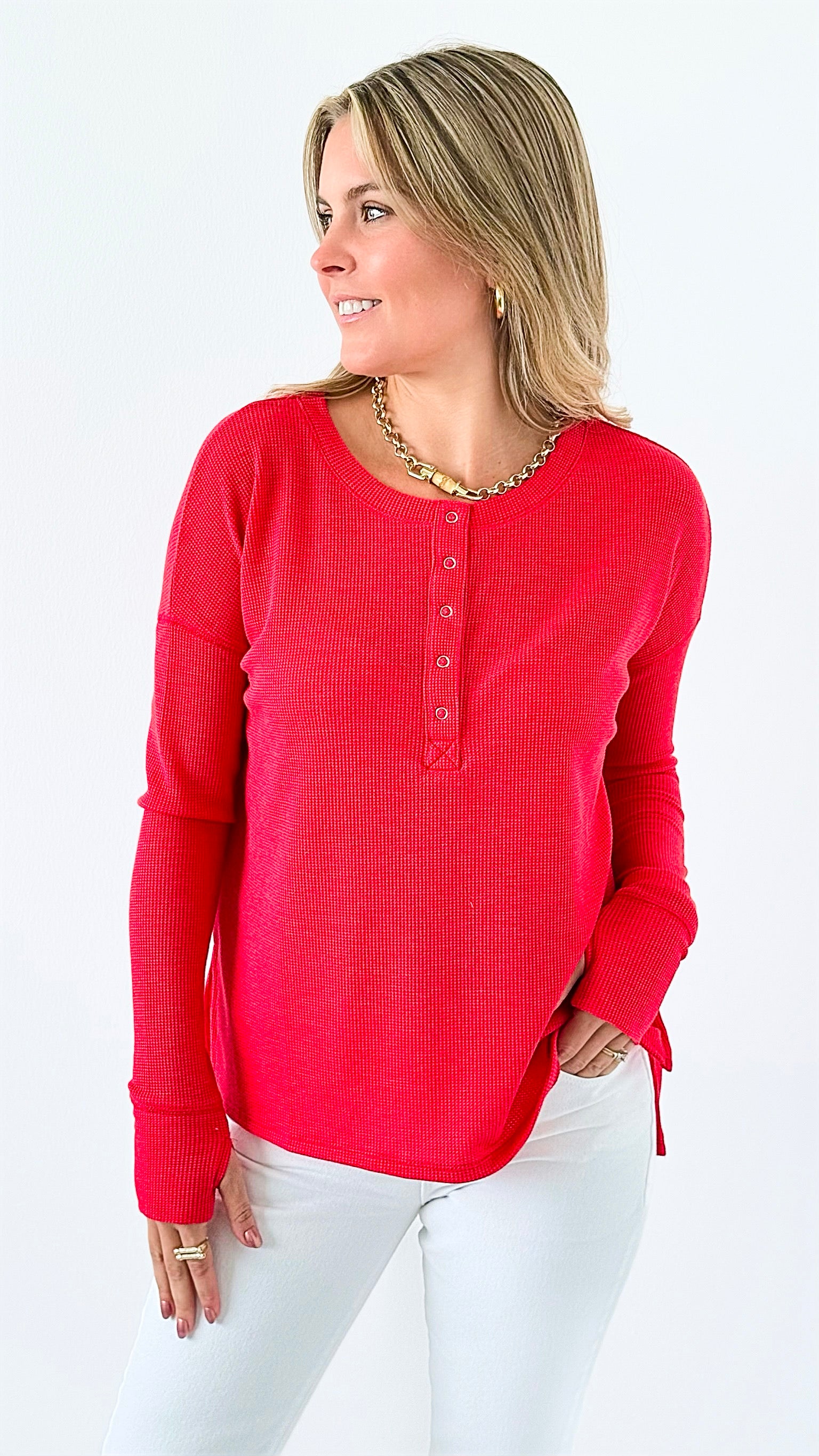 Button-Front Waffle Knit Top - Ruby-110 Long Sleeve Tops-Zenana-Coastal Bloom Boutique, find the trendiest versions of the popular styles and looks Located in Indialantic, FL