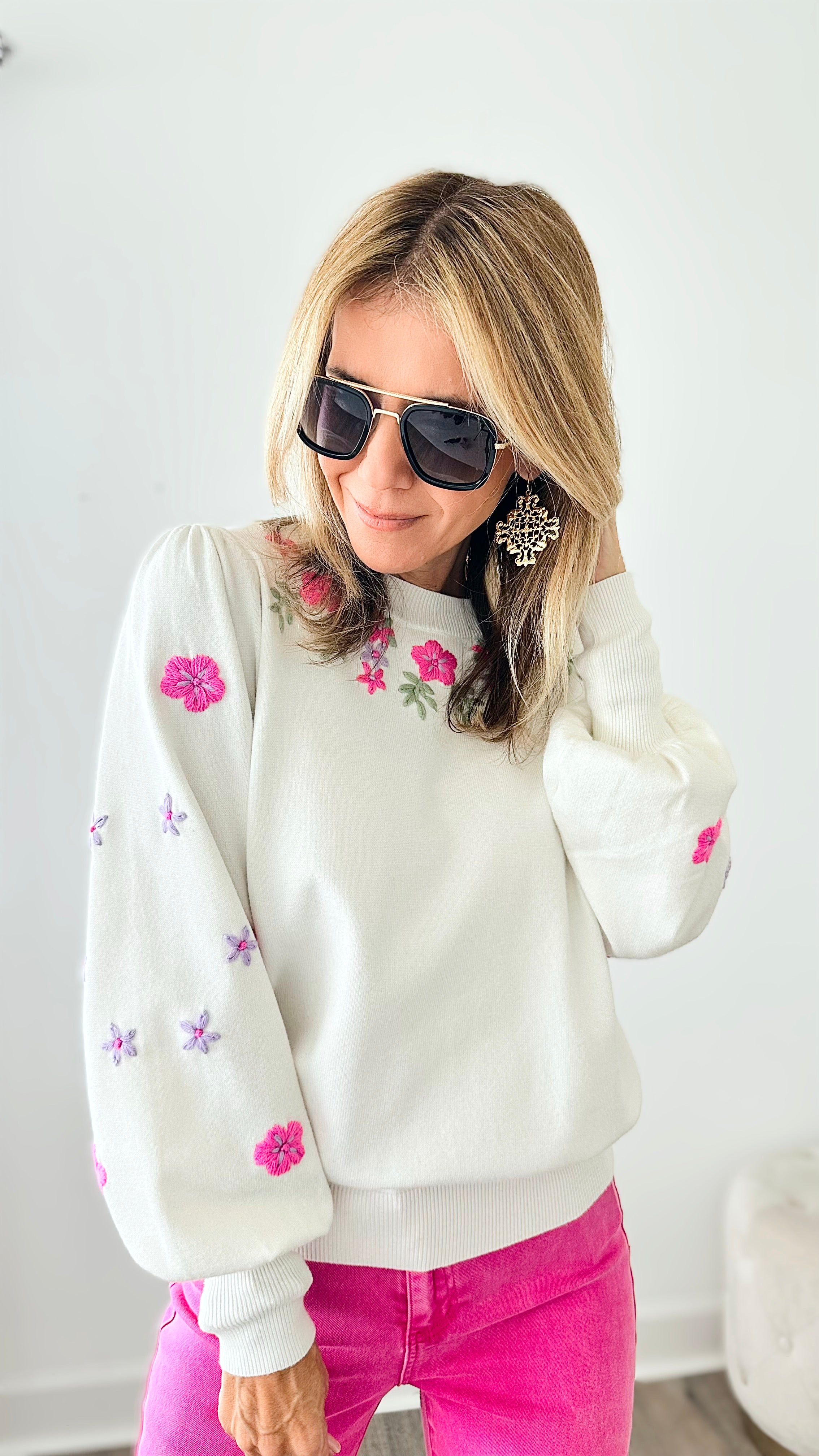 Floral Embroidered Sweater - Cream-140 Sweaters-Fate By LFD-Coastal Bloom Boutique, find the trendiest versions of the popular styles and looks Located in Indialantic, FL
