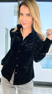 Midnight Stardust Velvet Blouse-130 Long Sleeve Tops-Must Have-Coastal Bloom Boutique, find the trendiest versions of the popular styles and looks Located in Indialantic, FL
