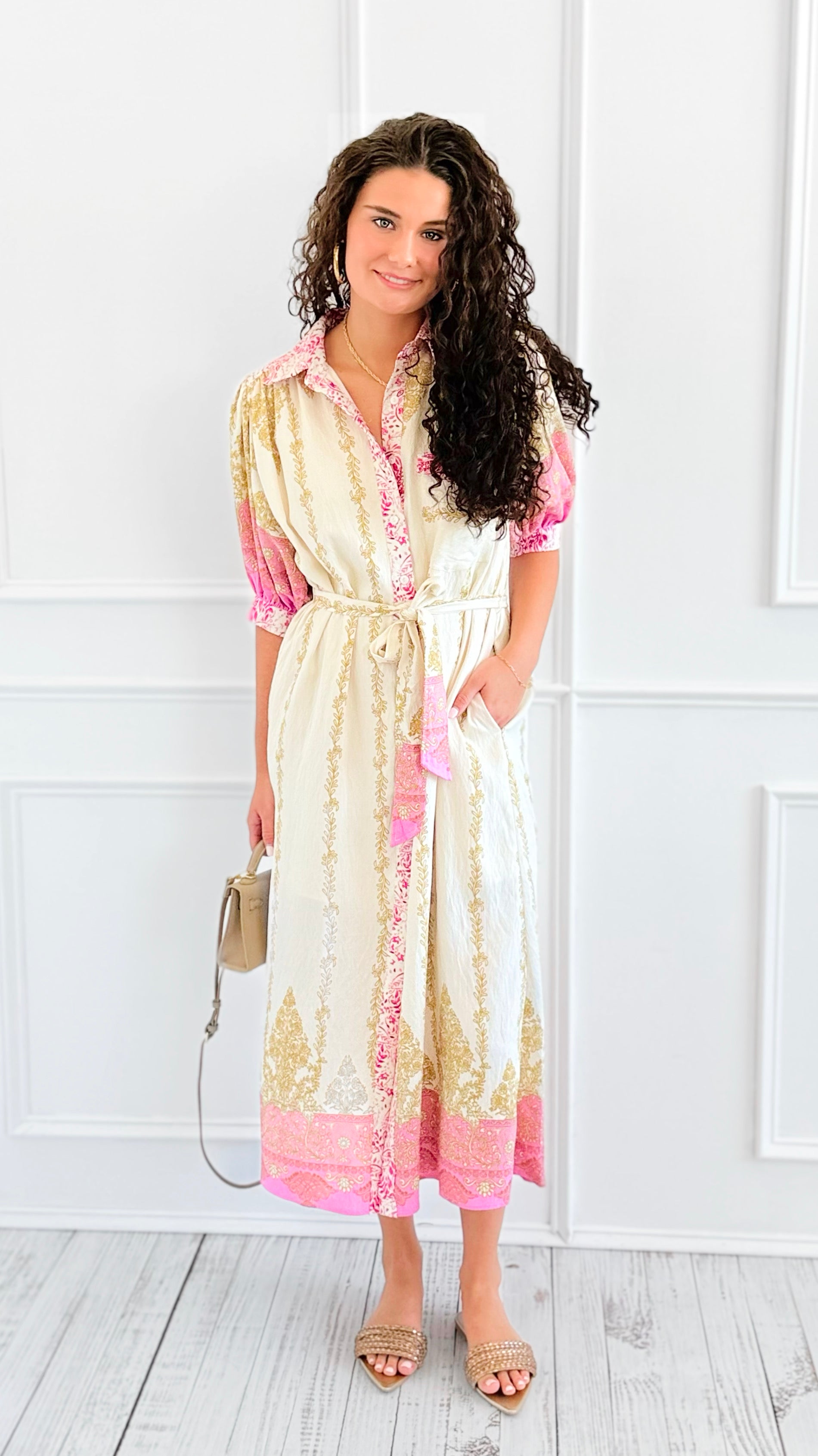 Baroque Border Belted Midi Dress-200 Dresses/Jumpsuits/Rompers-entro-Coastal Bloom Boutique, find the trendiest versions of the popular styles and looks Located in Indialantic, FL