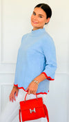 Waves & Whimsy Scallop Sweater- Soft Blue/Orange-140 Sweaters-Fate Inc-Coastal Bloom Boutique, find the trendiest versions of the popular styles and looks Located in Indialantic, FL
