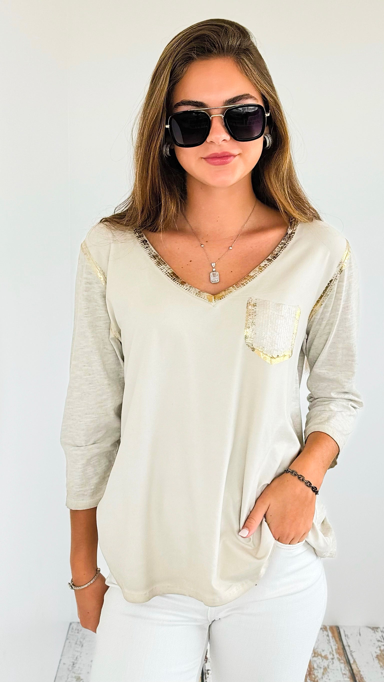 Foil Detailed V- Neck Italian Top-100 Sleeveless Tops-UM-Coastal Bloom Boutique, find the trendiest versions of the popular styles and looks Located in Indialantic, FL