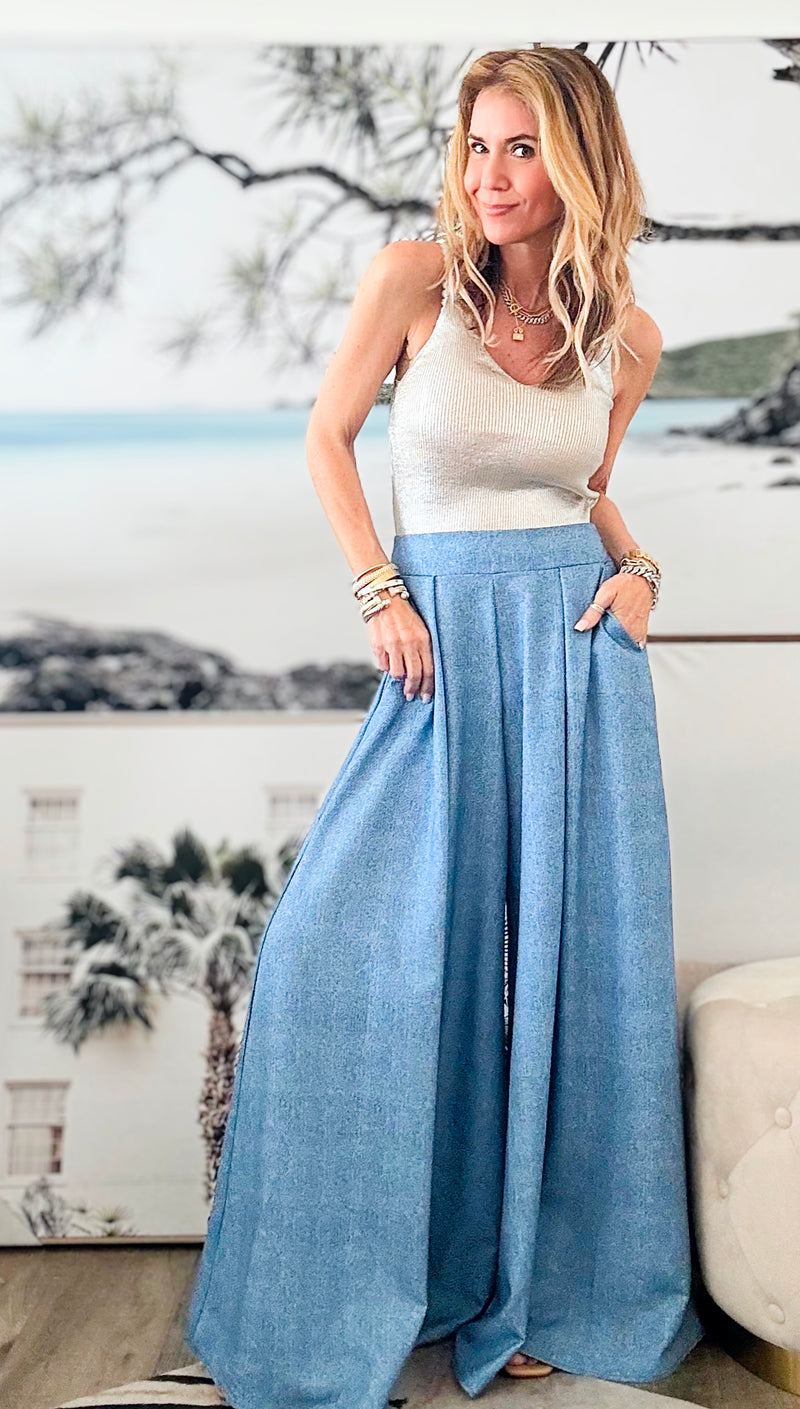 Palazzo Denim Pants-170 Bottoms-Nylon Apparel-Coastal Bloom Boutique, find the trendiest versions of the popular styles and looks Located in Indialantic, FL