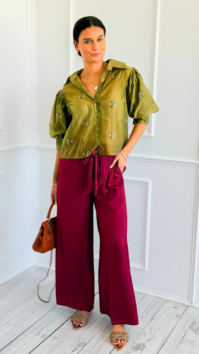 Evening Glow Flow Pant - Maroon-170 Bottoms-DOE AND RAE-Coastal Bloom Boutique, find the trendiest versions of the popular styles and looks Located in Indialantic, FL