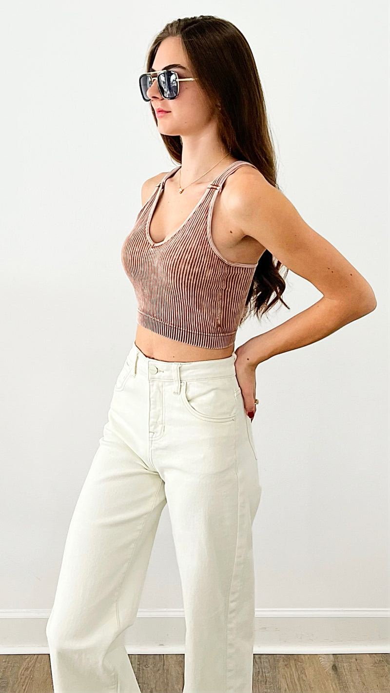 Washed Ribbed Cropped Bra Padded Tank Top - Deep Camel-220 Intimates-Zenana-Coastal Bloom Boutique, find the trendiest versions of the popular styles and looks Located in Indialantic, FL