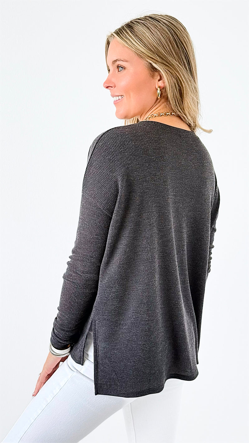 Button-Front Waffle Knit Top - Black-110 Long Sleeve Tops-Zenana-Coastal Bloom Boutique, find the trendiest versions of the popular styles and looks Located in Indialantic, FL