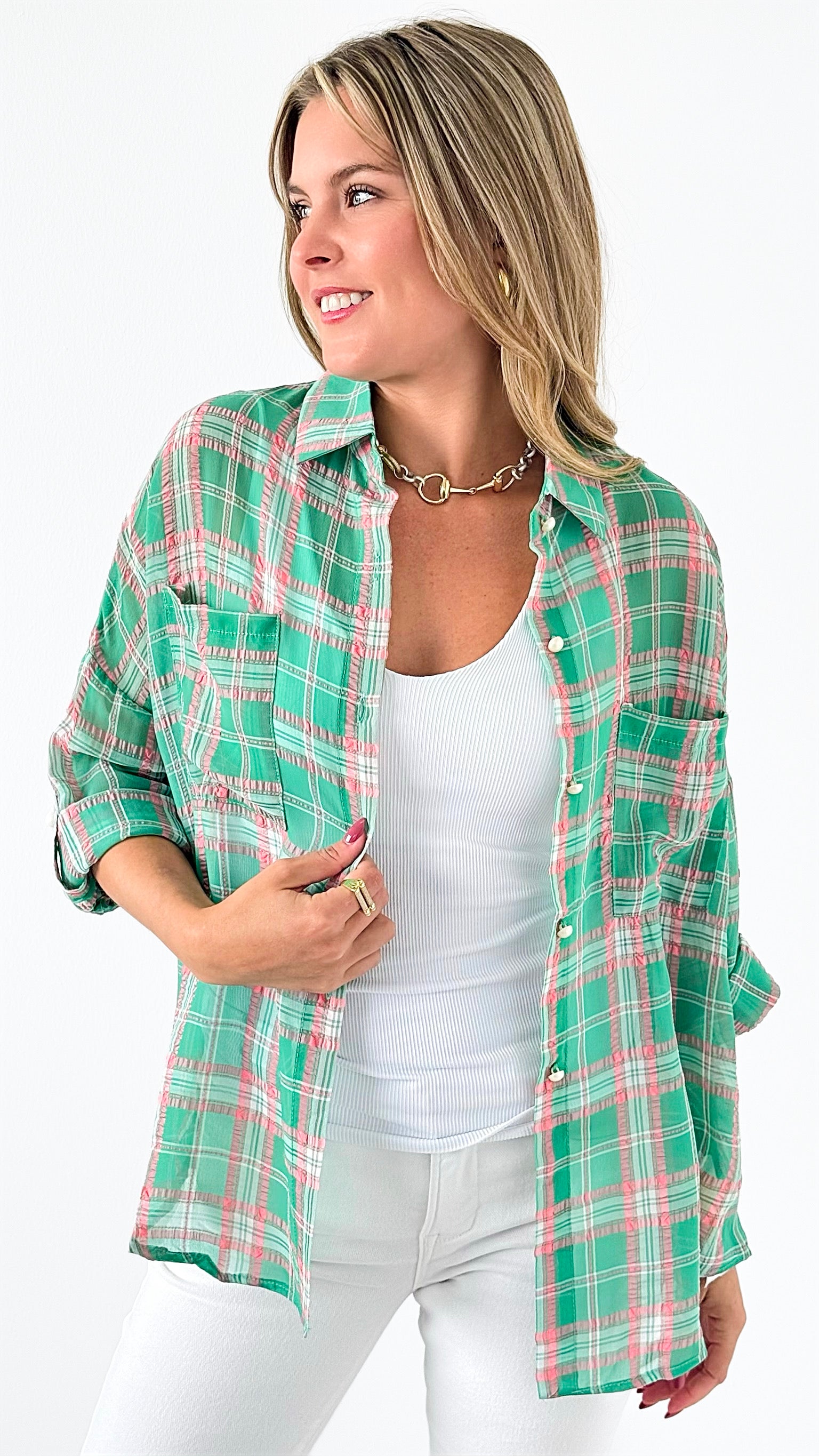 Meadow Breeze Plaid Shirt - Green-130 Long sleeve top-PASTEL DESIGN-Coastal Bloom Boutique, find the trendiest versions of the popular styles and looks Located in Indialantic, FL