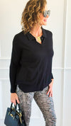 Polished Collar Knit Polo Top - Black-130 Long Sleeve Tops-ROUSSEAU-Coastal Bloom Boutique, find the trendiest versions of the popular styles and looks Located in Indialantic, FL