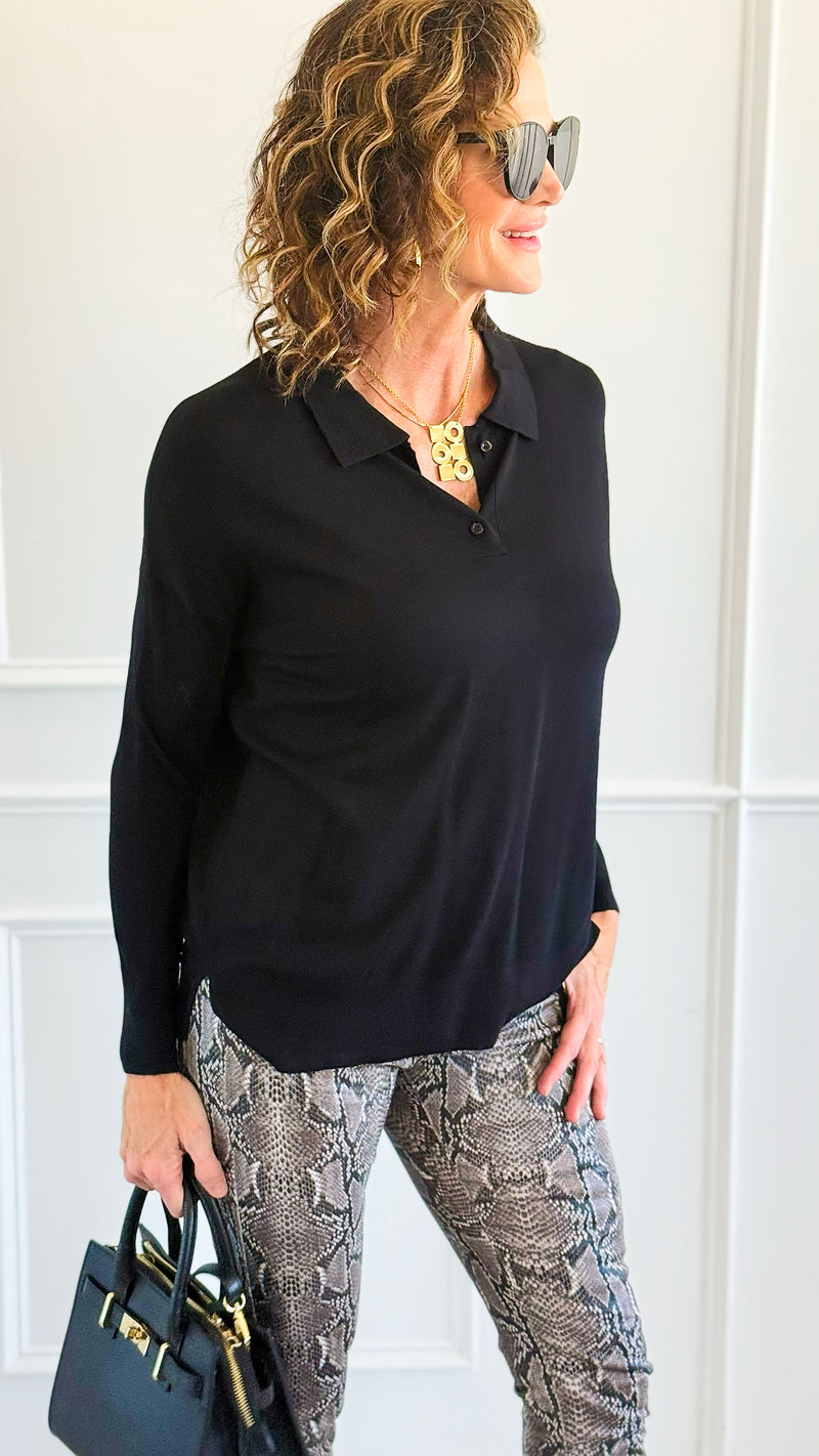 Polished Collar Knit Polo Top - Black-130 Long Sleeve Tops-ROUSSEAU-Coastal Bloom Boutique, find the trendiest versions of the popular styles and looks Located in Indialantic, FL